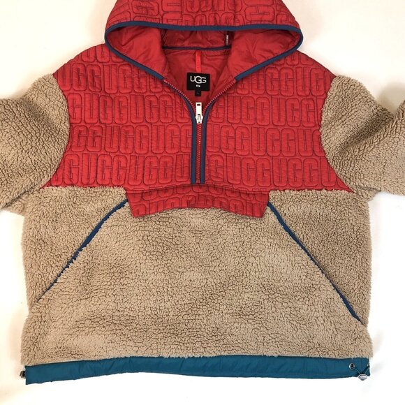 Ugg RTW Mens Sherpa Fleece 1/2 Zip Red Hoodie Hooded Pullover Size Large - Picture 3 of 11